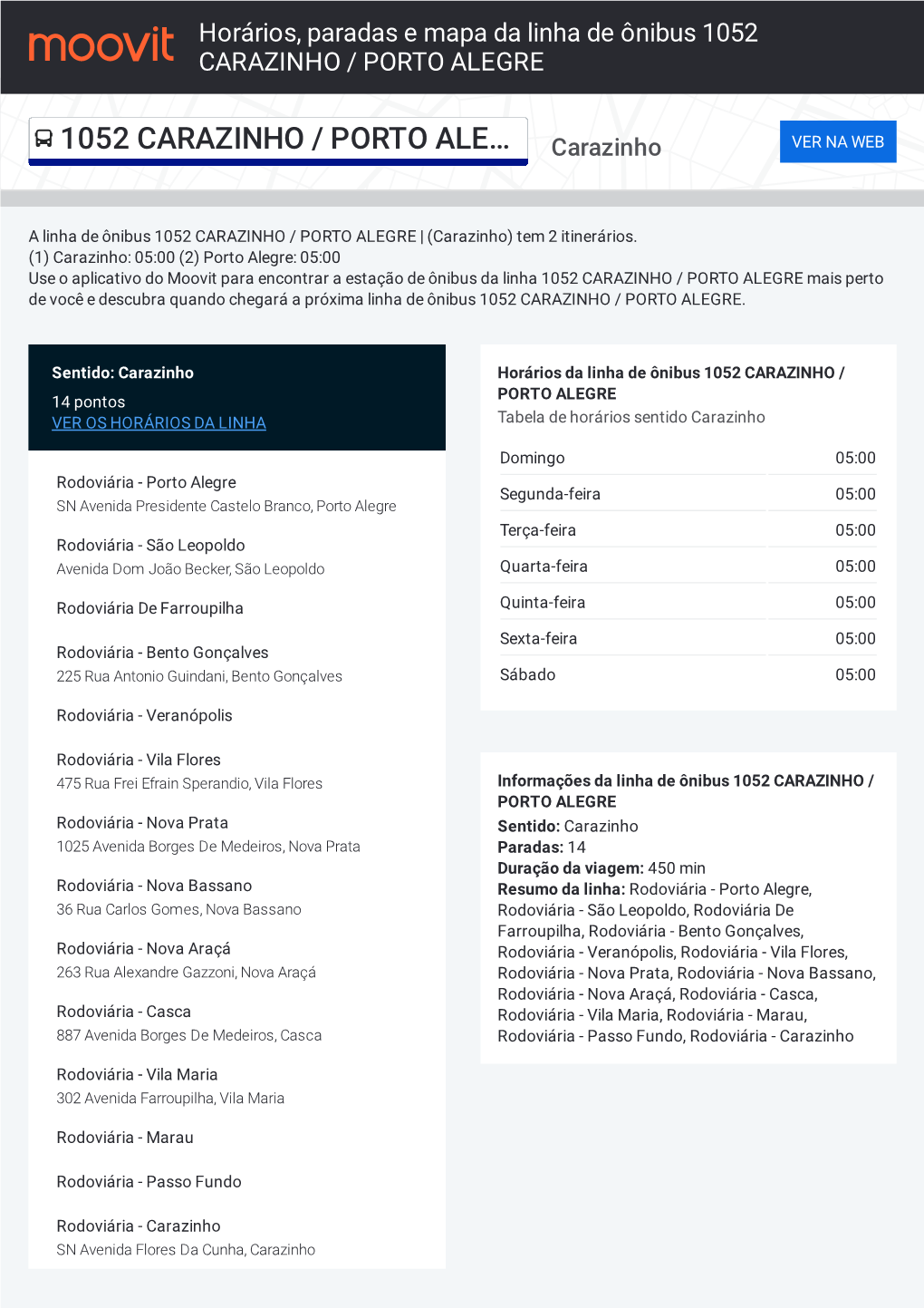 Horários, Paradas E Mapa Da Linha De Ônibus 1052 CARAZINHO / PORTO ALEGRE
