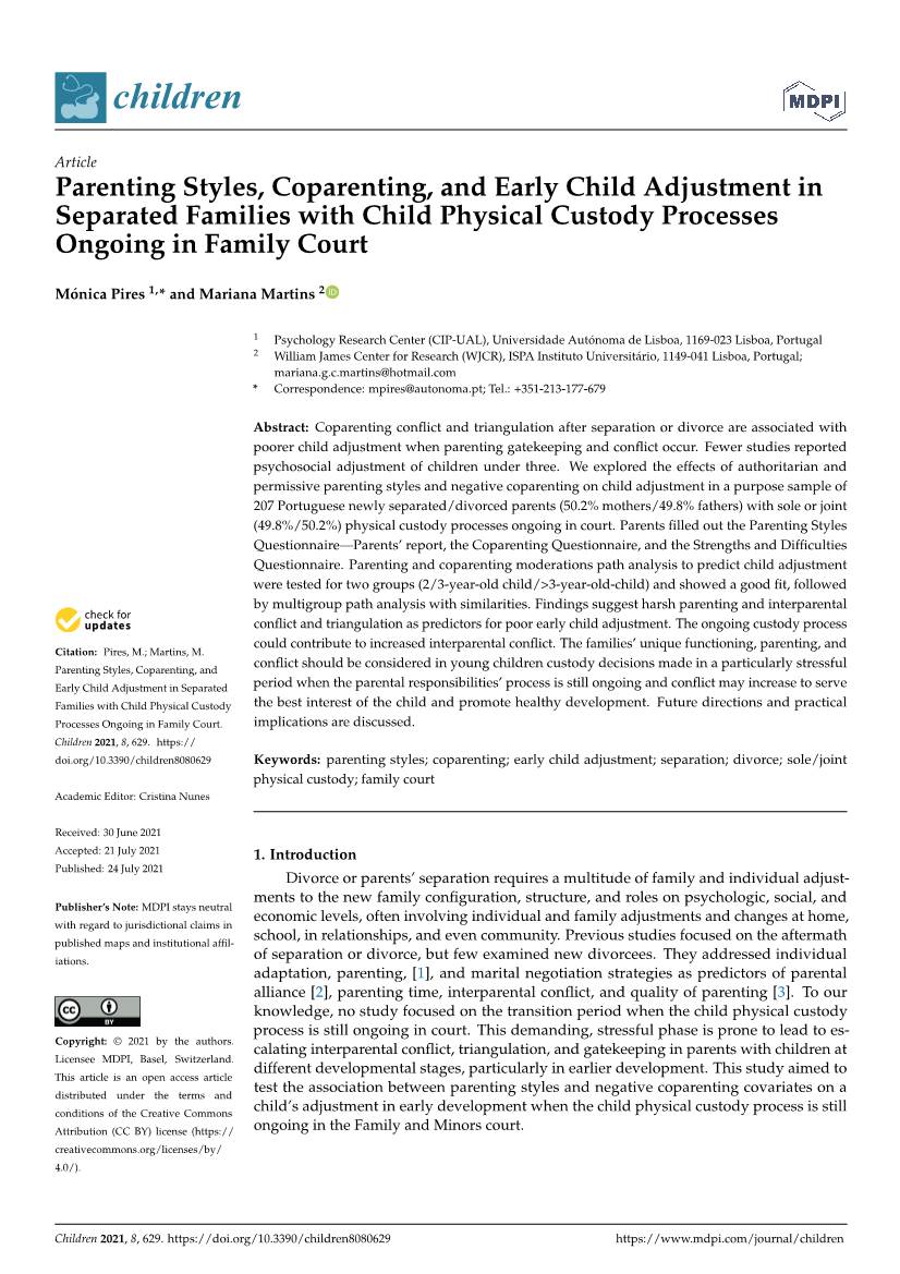 Parenting Styles, Coparenting, and Early Child Adjustment in Separated Families with Child Physical Custody Processes Ongoing in Family Court