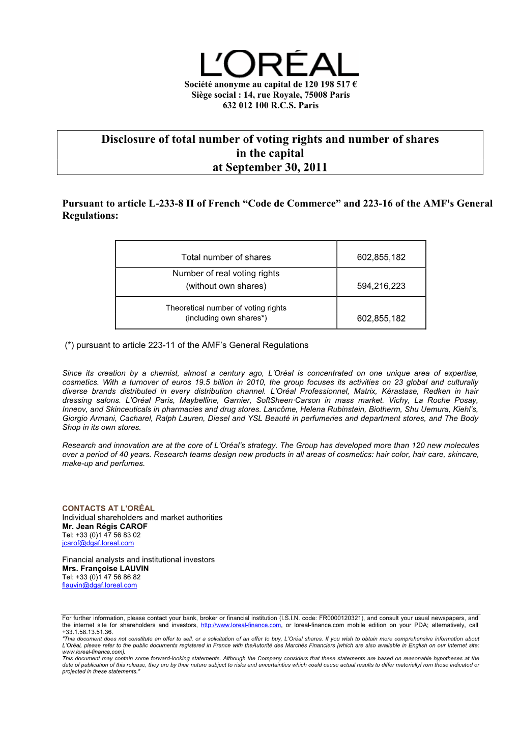 Disclosure of Total Number of Voting Rights and Number of Shares in the Capital at September 30, 2011