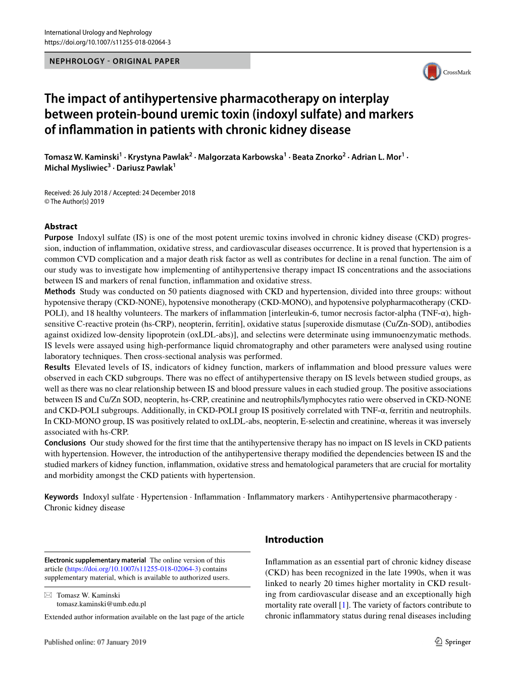 The Impact of Antihypertensive Pharmacotherapy on Interplay Between Protein-Bound Uremic Toxin (Indoxyl Sulfate) and Markers Of