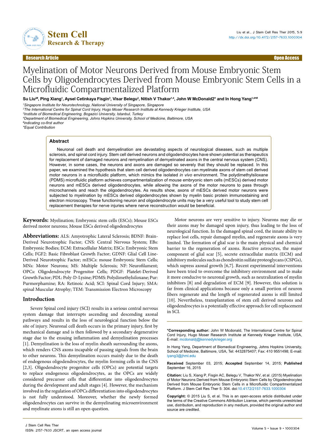 Myelination of Motor Neurons Derived from Mouse Embryonic Stem Cells by Oligodendrocytes Derived from Mouse Embryonic Stem Cells