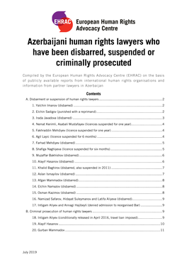 Azerbaijani Human Rights Lawyers Who Have Been Disbarred, Suspended Or Criminally Prosecuted