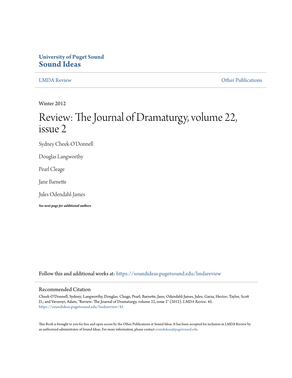 Review: the Journal of Dramaturgy, Volume 22, Issue 2