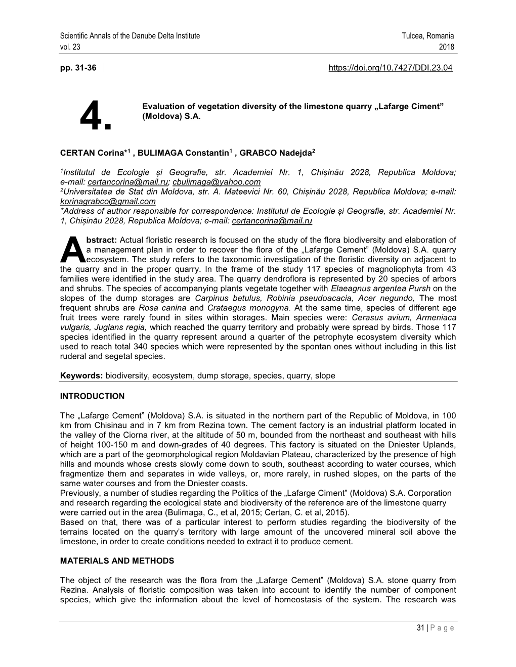 4. Evaluation of Vegetation Diversity of the Limestone Quarry „Lafarge Ciment”