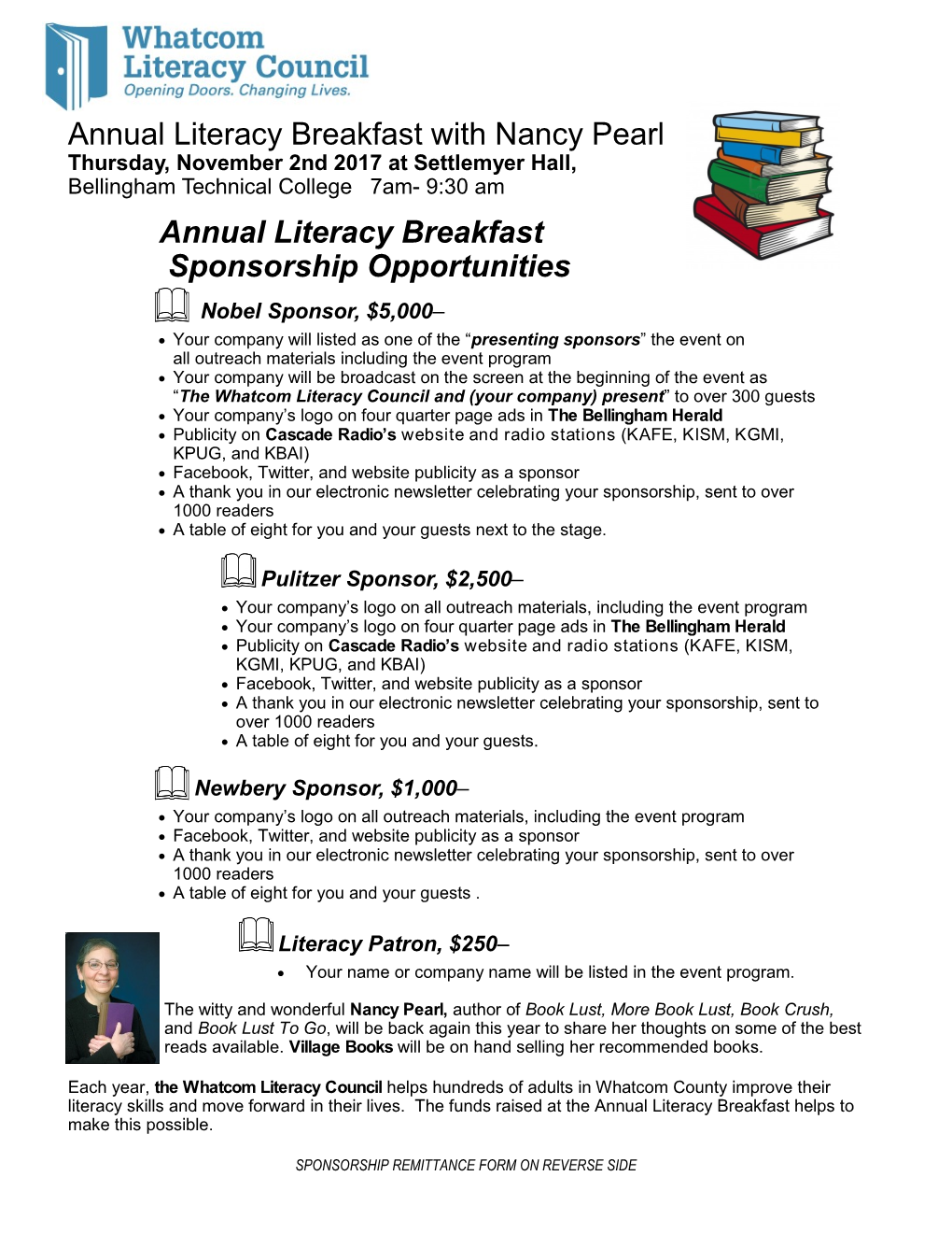 Annual Literacy Breakfast Sponsorship Opportunities Nobel Sponsor, $5,000–