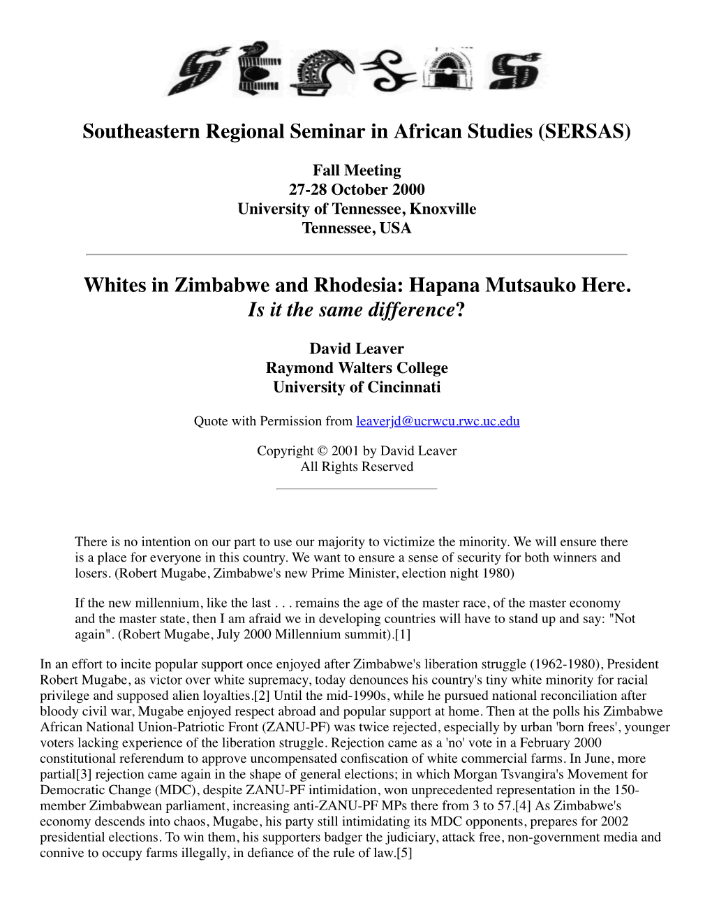 Whites in Zimbabwe and Rhodesia: Hapana Mutsauko Here