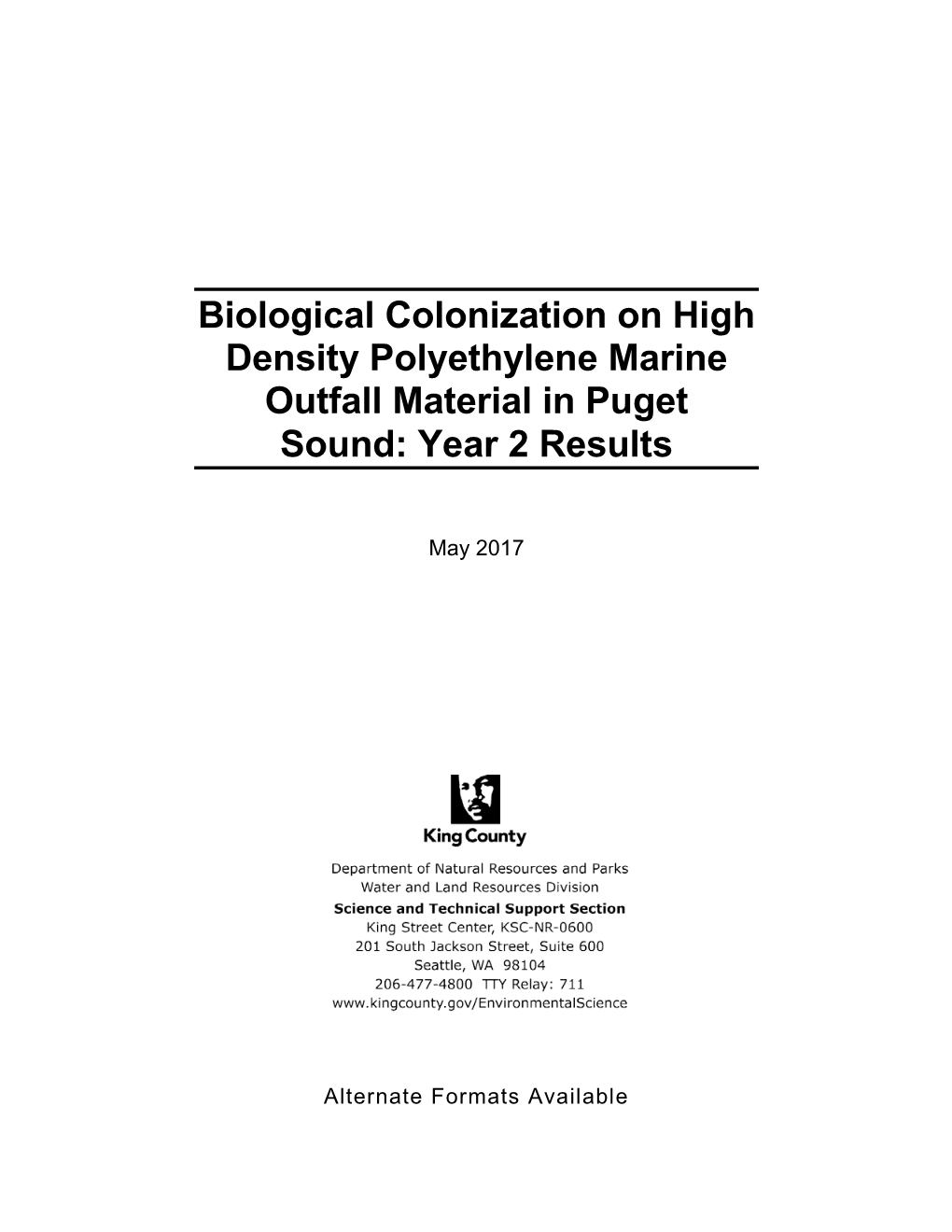 Biological Colonization on High Density Polyethylene Marine Outfall Material in Puget Sound: Year 2 Results
