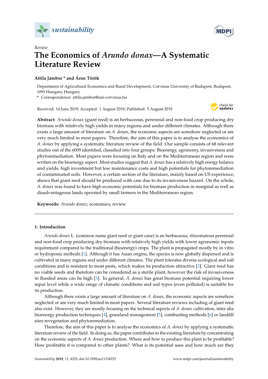 The Economics of Arundo Donax—A Systematic Literature Review