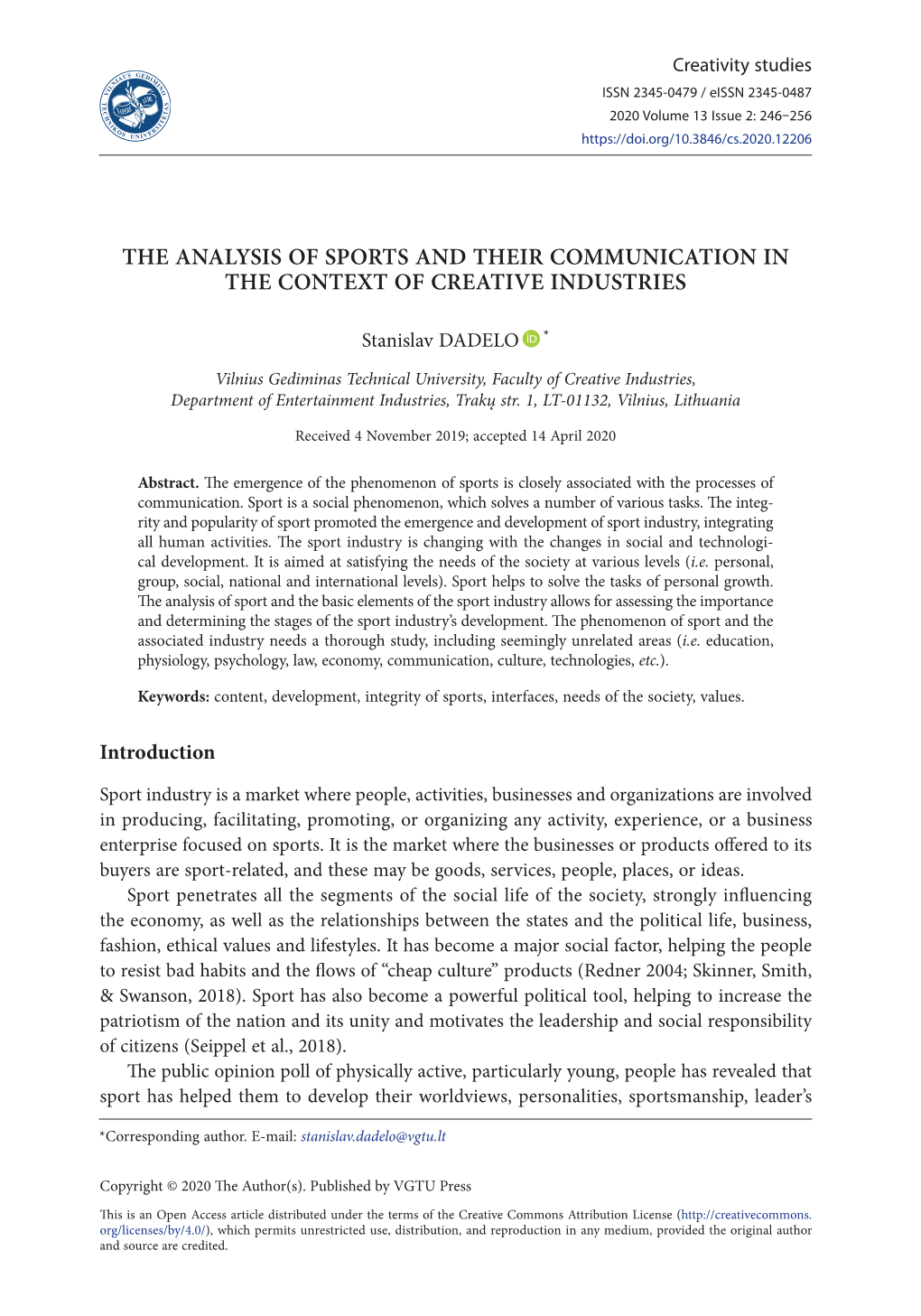 The Analysis of Sports and Their Communication in the Context of Creative Industries