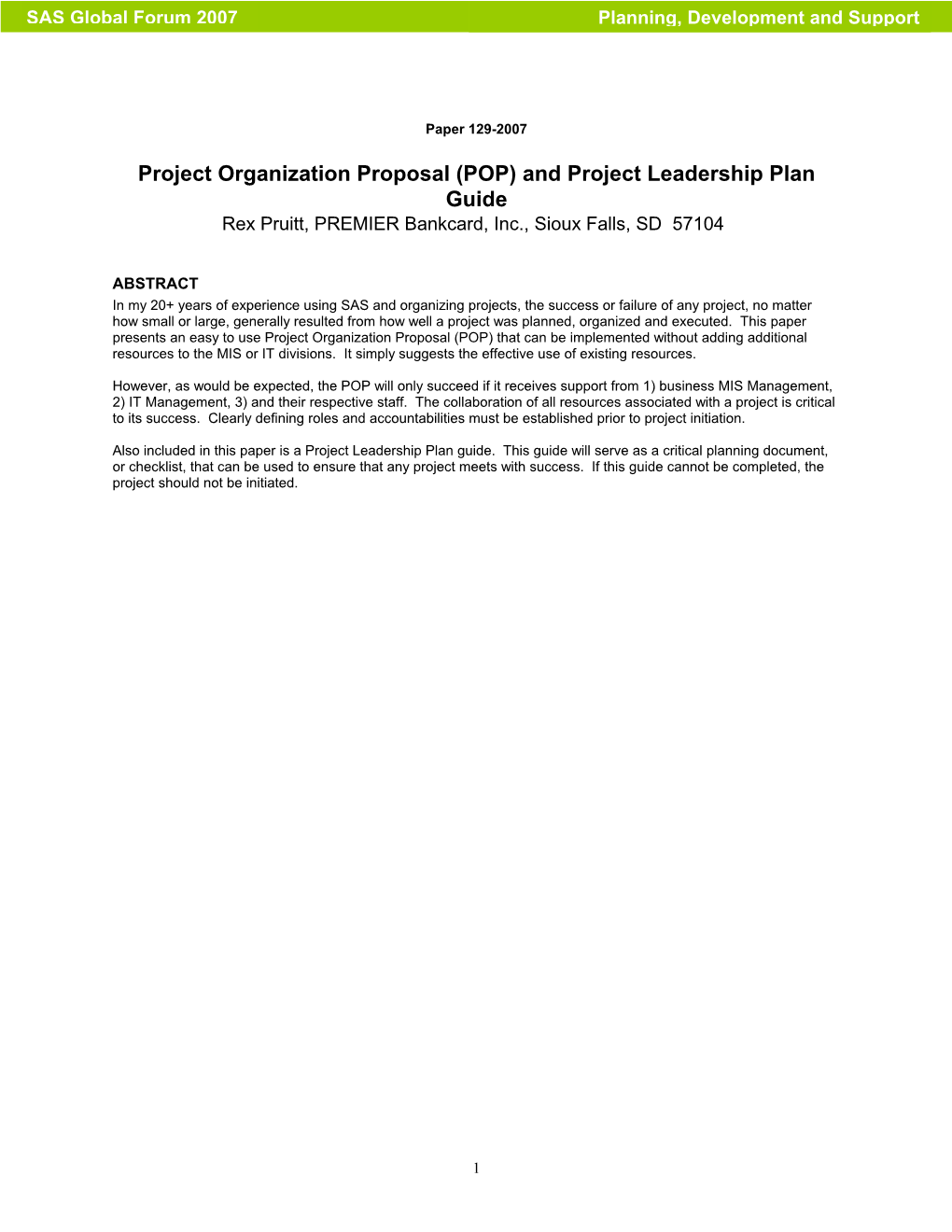 129-2007: Project Organization Proposal (POP) and Project Leadership Plan Guide
