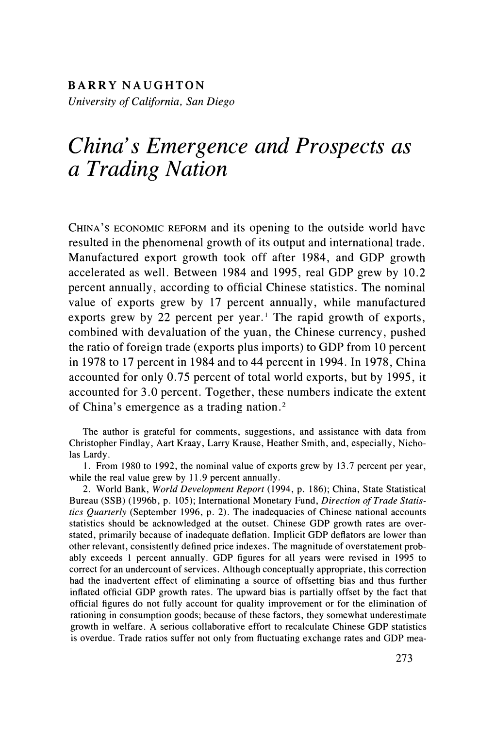 China's Emergence and Prospects As a Trading Nation