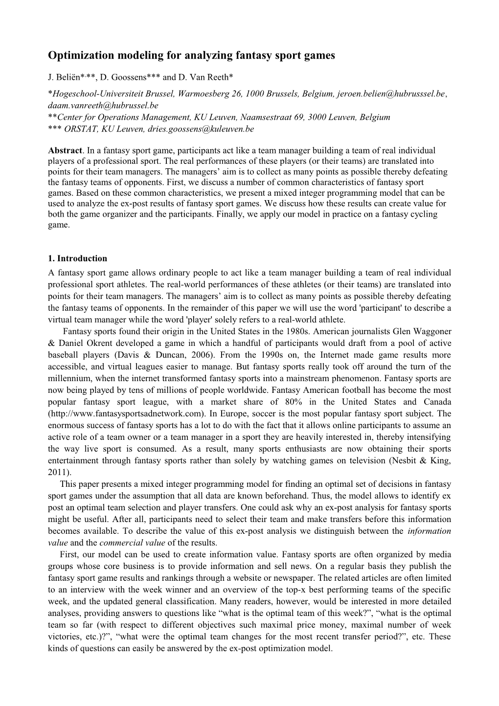 Optimization Modeling for Analyzing Fantasy Sport Games