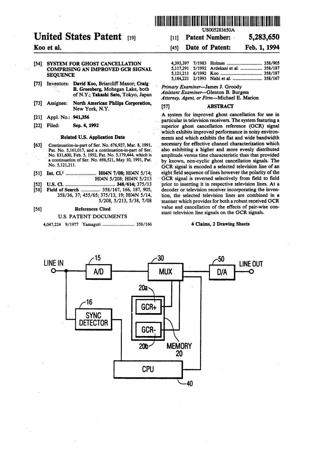 IIIHIIIHHHHHHHUSOOS283650A United States Patent (19) 11 Patent Number: - 5,283,650 Koo Et Al