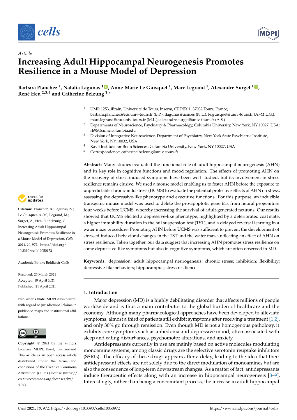 Increasing Adult Hippocampal Neurogenesis Promotes Resilience in a Mouse Model of Depression