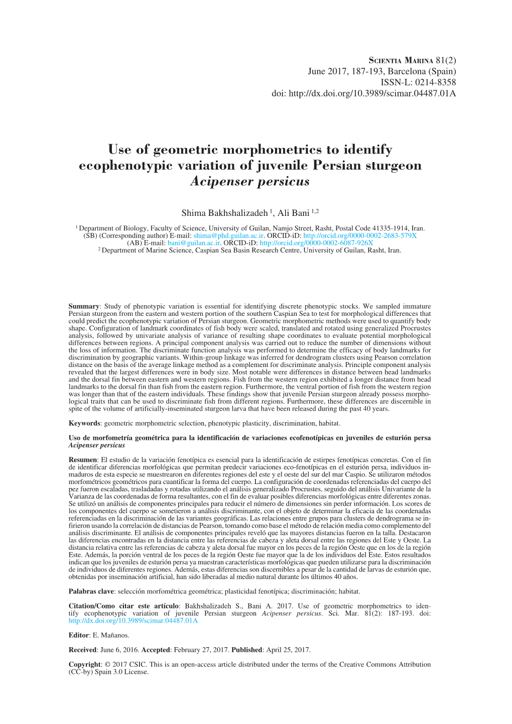 Use of Geometric Morphometrics to Identify Ecophenotypic Variation of Juvenile Persian Sturgeon Acipenser Persicus