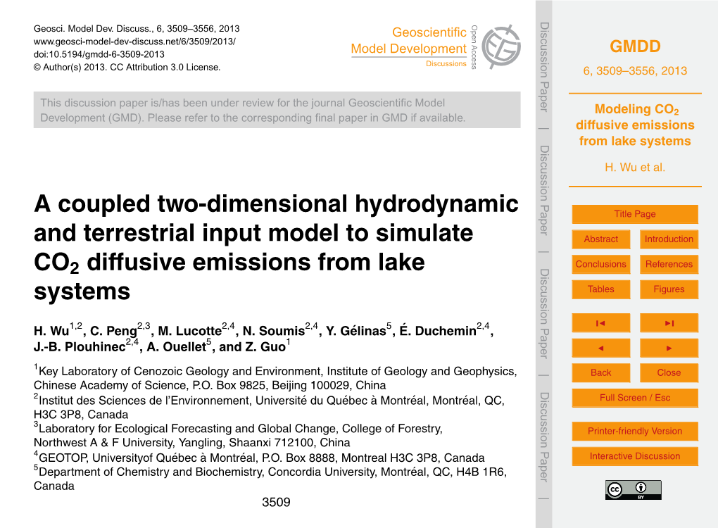 Modeling `="0200`="003DCO2 Diffusive Emissions from Lake Systems