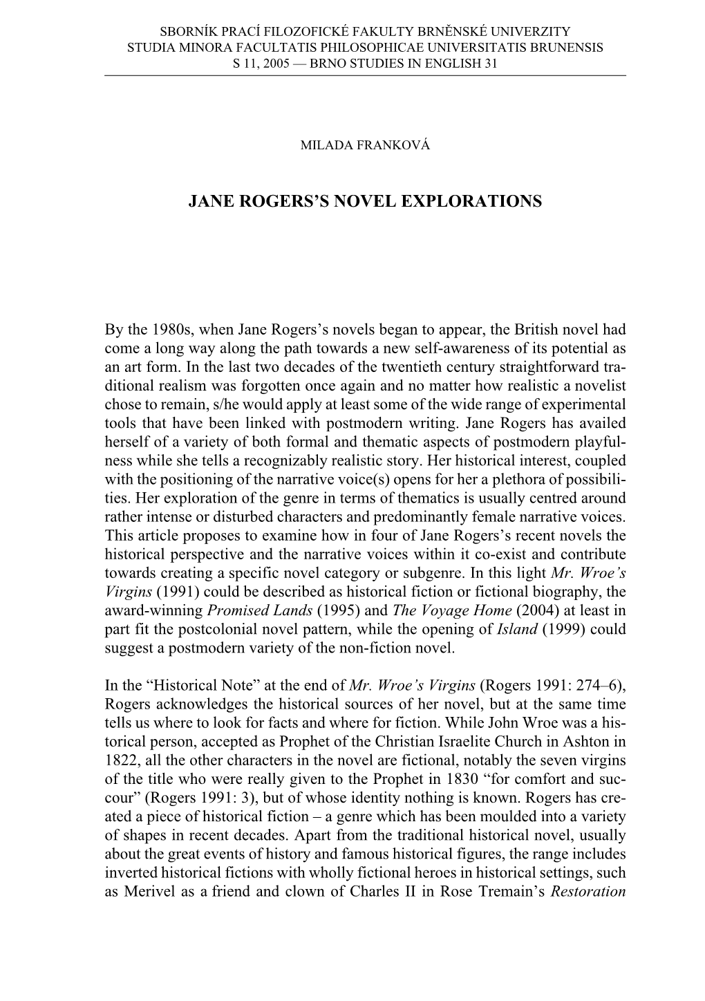 Jane ROGERS's NOVEL Explorations