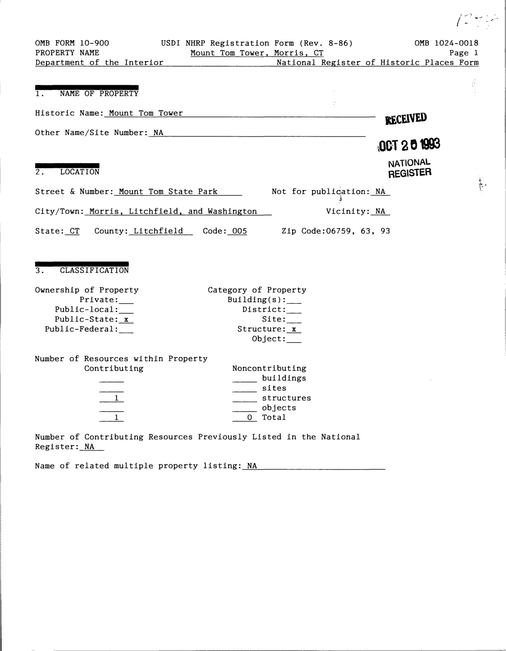 Mount Tom Tower, Morris, CT Page 1 Department of the Interior______National Register of Historic Places Form