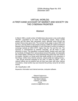 Virtual Worlds: a First-Hand Account of Market and Society on the Cyberian Frontier