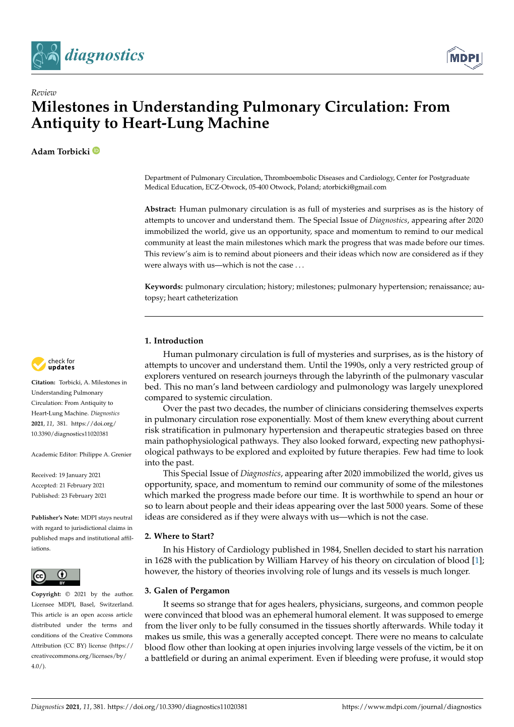 Milestones in Understanding Pulmonary Circulation: from Antiquity to Heart-Lung Machine