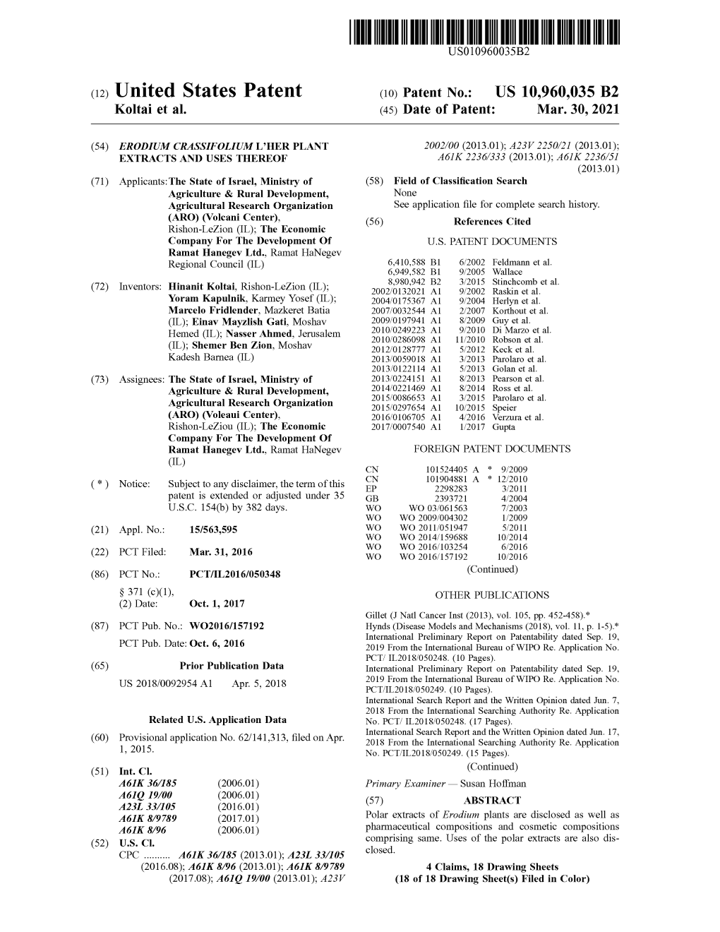 ( 12 ) United States Patent ( 10 ) Patent No .: US 10,960,035 B2 Koltai Et Al