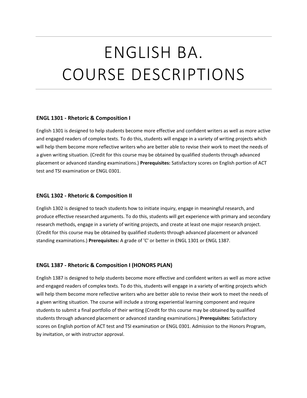English Ba. Course Descriptions