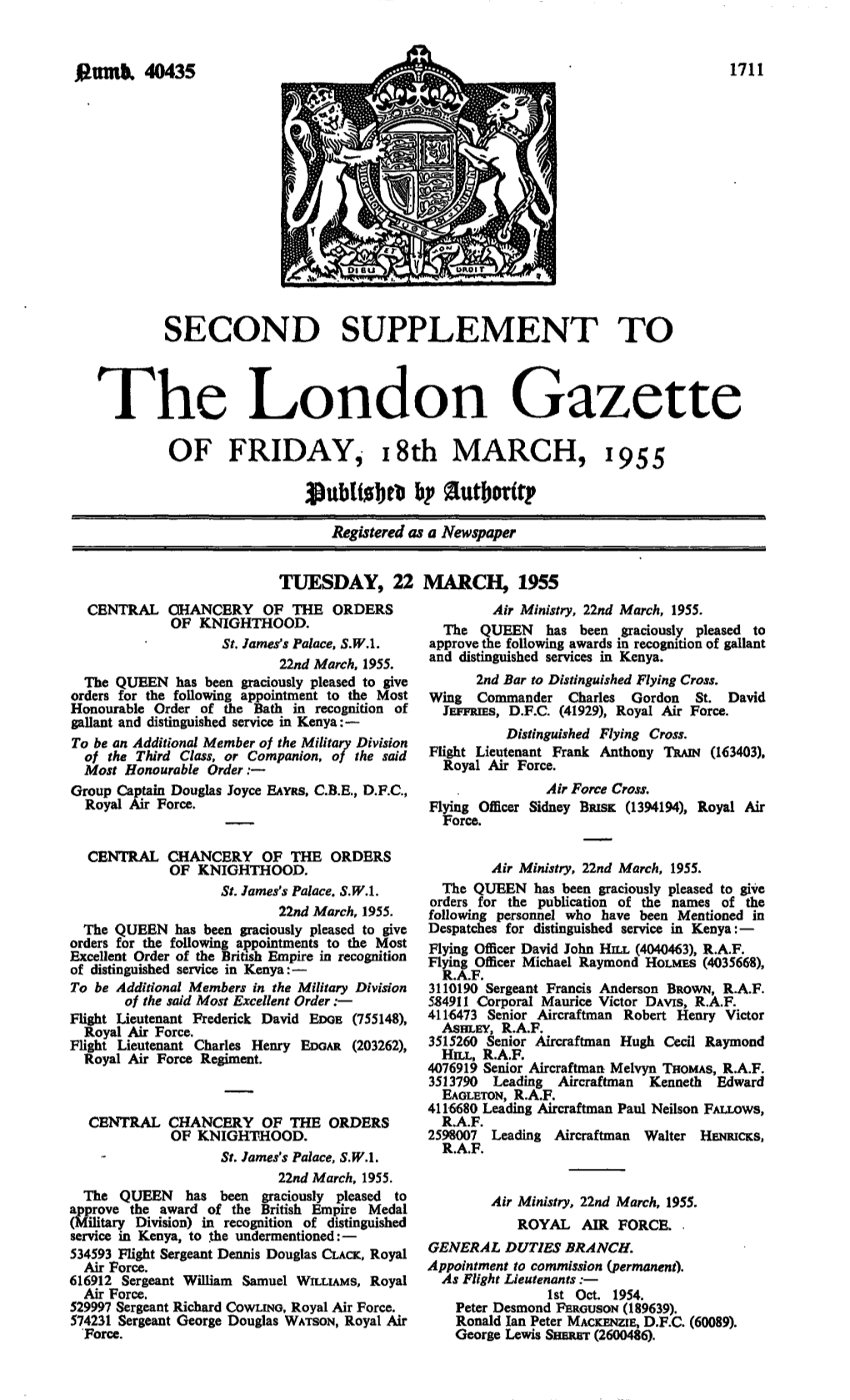 The London Gazette of FRIDAY, 18Th MARCH, 1955