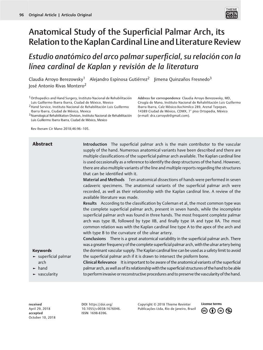 Anatomical Study of the Superficial Palmar Arch, Its Relation to The