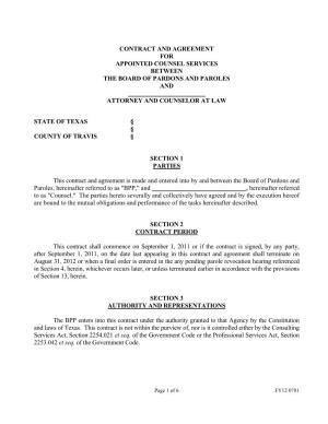 Contract and Agreement for Appointed Counsel Services Between the Board of Pardons and Paroles And