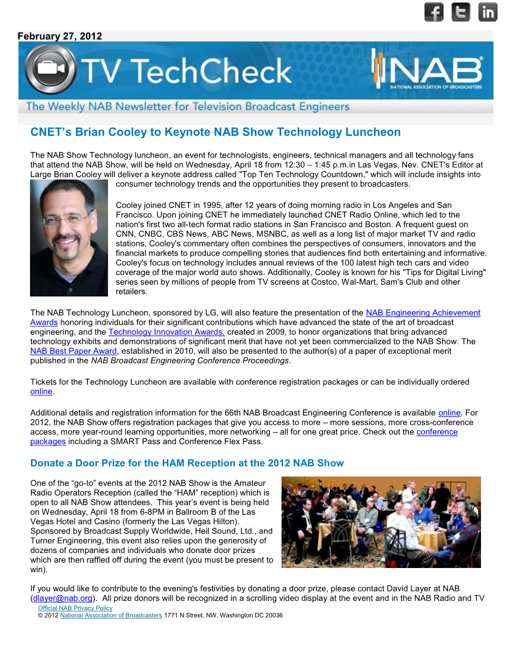 CNET's Brian Cooley to Keynote NAB Show Technology Luncheon