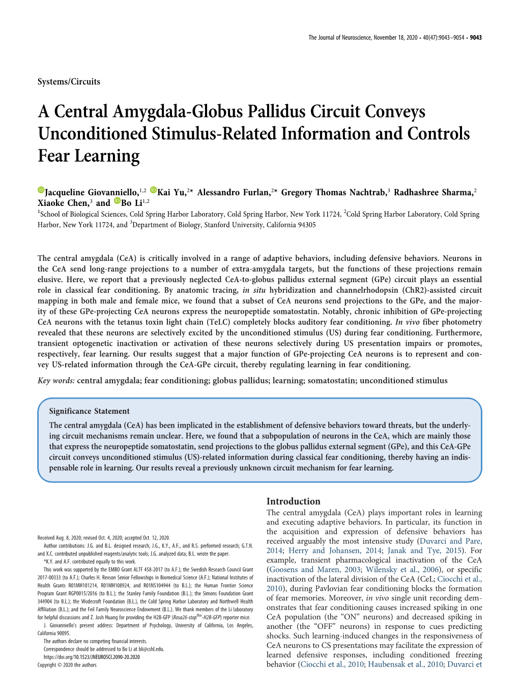 A Central Amygdala-Globus Pallidus Circuit Conveys Unconditioned Stimulus-Related Information and Controls Fear Learning
