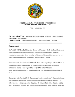 North Carolina State Board of Elections Campaign Finance Investigation