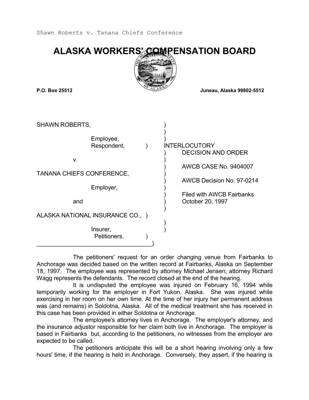 Shawn Roberts V. Tanana Chiefs Conference