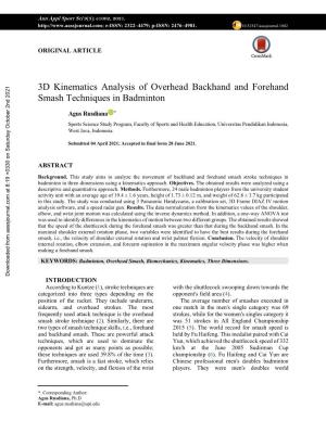 3D Kinematics Analysis of Overhead Backhand and Forehand Smash Techniques in Badminton