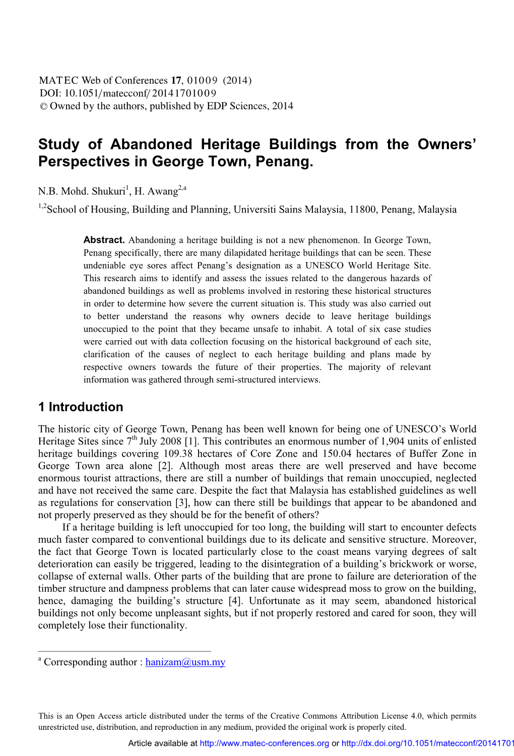 Study of Abandoned Heritage Buildings from the Owners’ Perspectives in George Town, Penang
