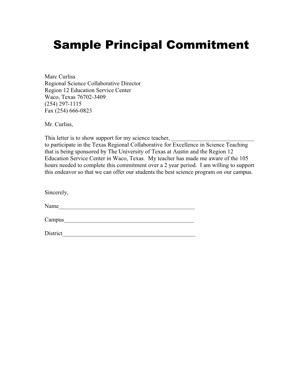 Sample Principal Commitment