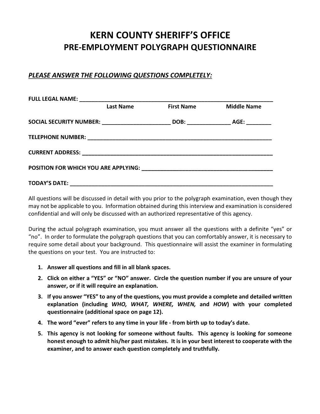 Pre-Employment Polygraph Questionnaire: Kern County Sheriff's Office