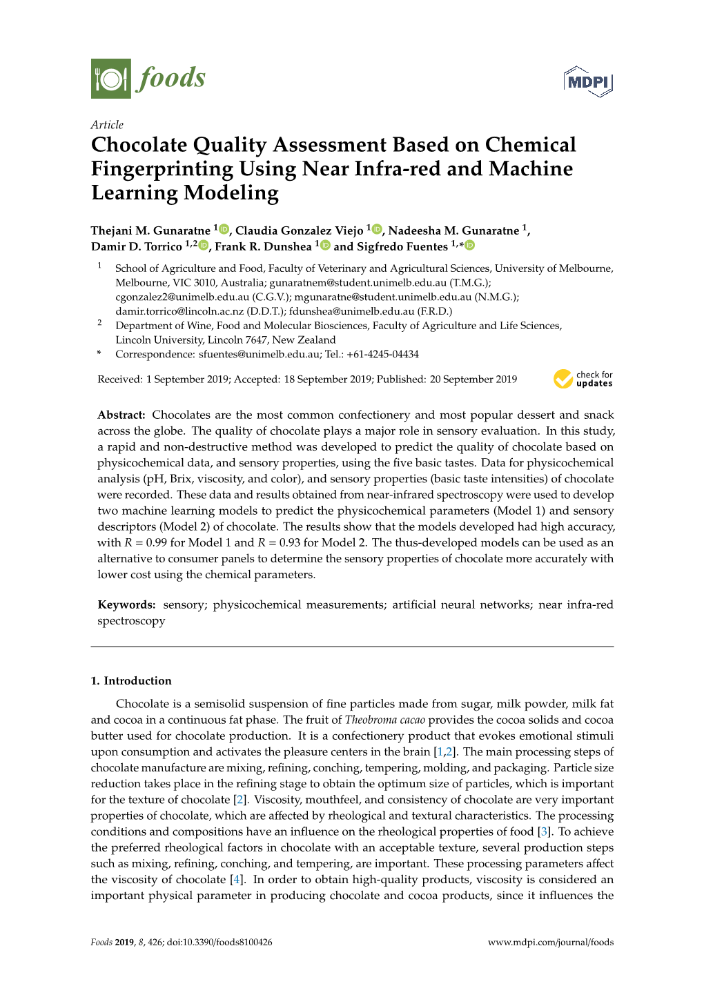 Chocolate Quality Assessment Based on Chemical Fingerprinting Using Near Infra-Red and Machine Learning Modeling