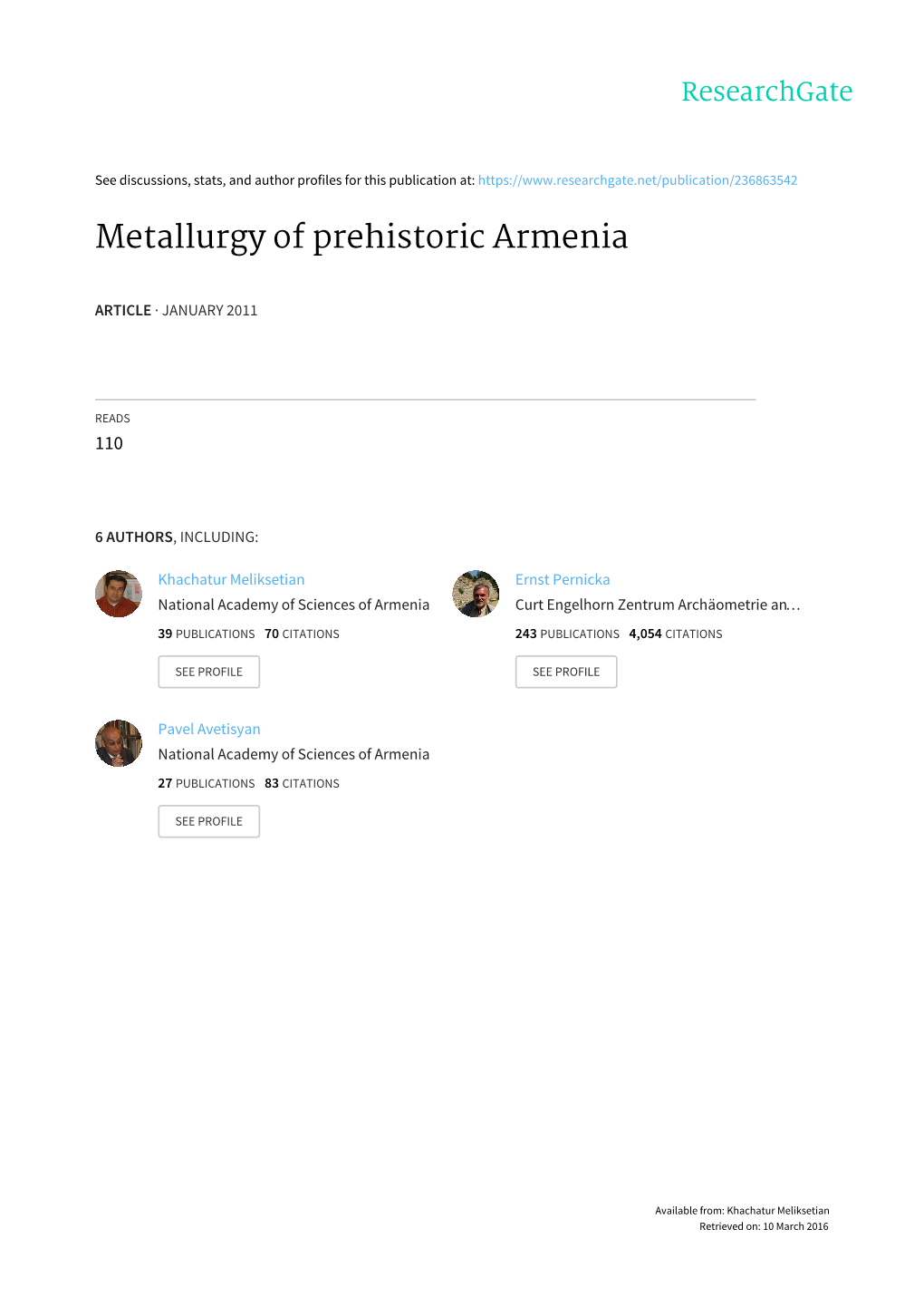 Metallurgy of Prehistoric Armenia