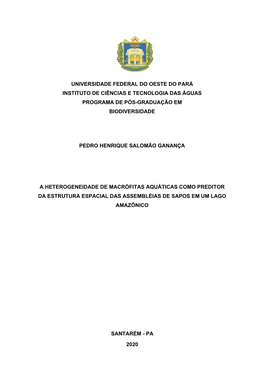 Universidade Federal Do Oeste Do Pará Instituto De Ciências E Tecnologia Das Águas Programa De Pós-Graduação Em Biodiversidade