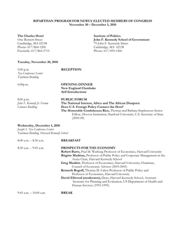 PROGRAM for NEWLY ELECTED MEMBERS of CONGRESS November 30 – December 3, 2010