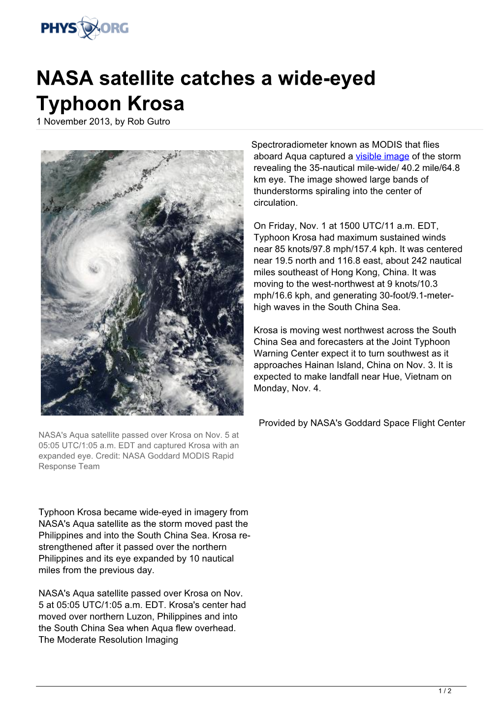 NASA Satellite Catches a Wide-Eyed Typhoon Krosa 1 November 2013, by Rob Gutro