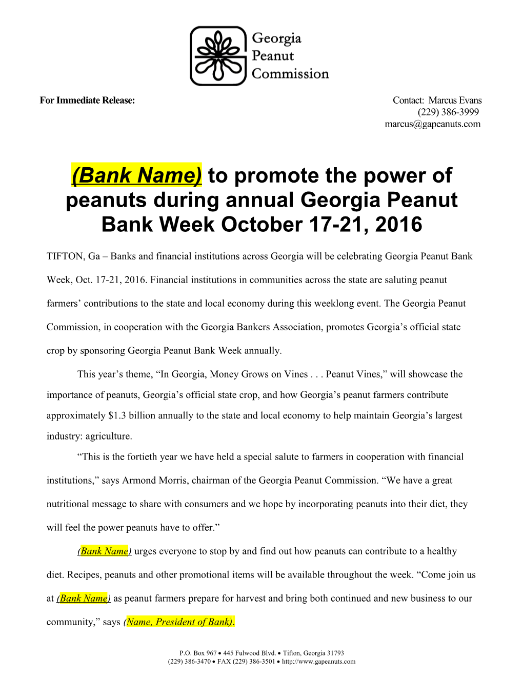 Georgia Peanut Bank Week Honors Peanut Farmers October 11-15, 1999