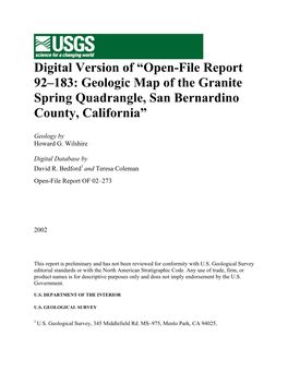 Report 92–183: Geologic Map of the Granite Spring Quadrangle, San Bernardino County, California”