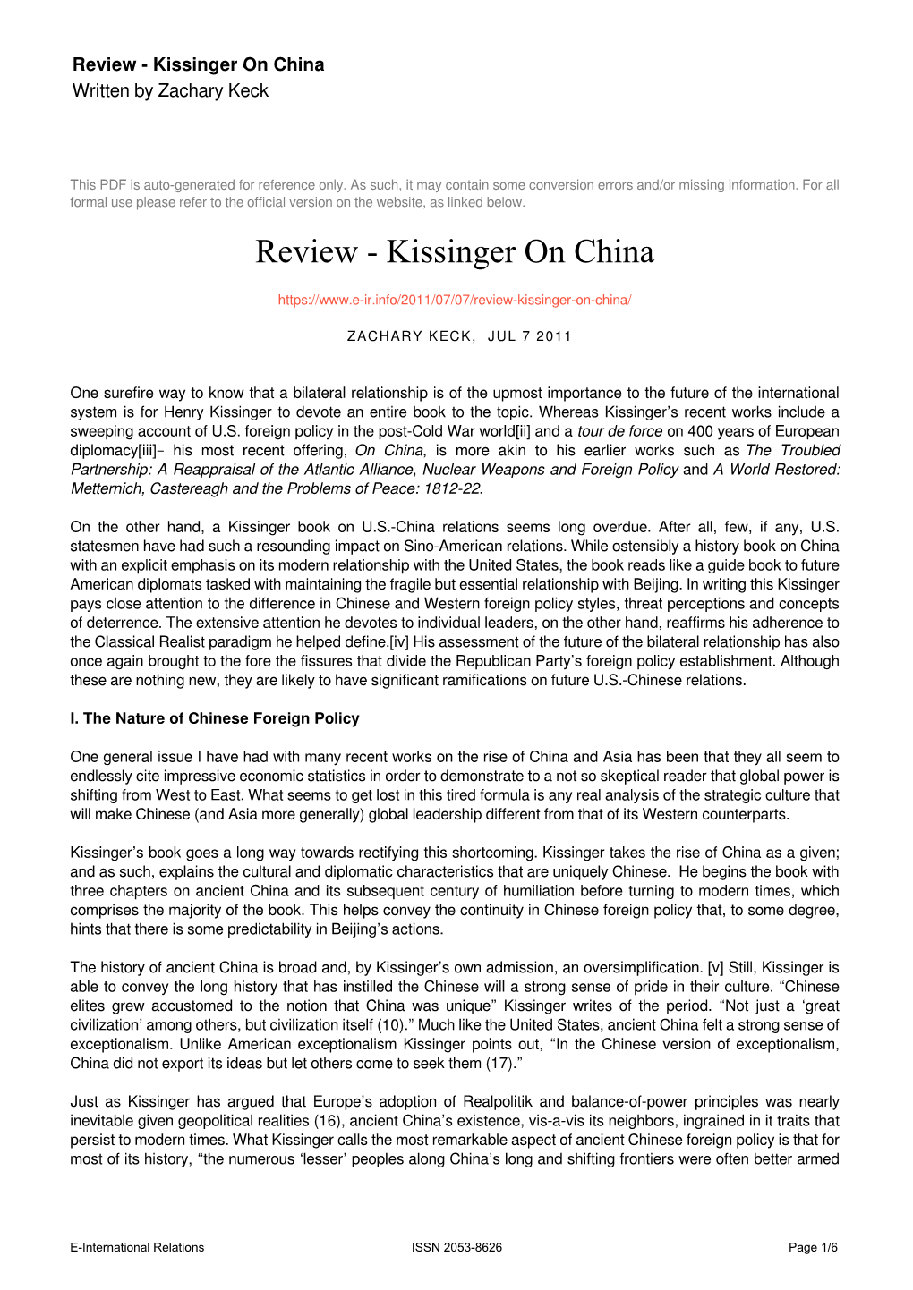 Kissinger on China Written by Zachary Keck