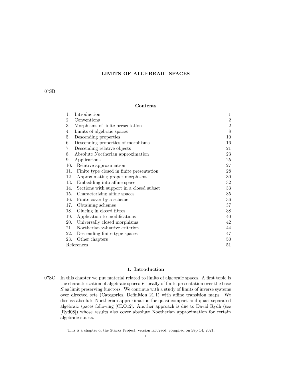 LIMITS of ALGEBRAIC SPACES 07SB Contents 1. Introduction 1 2