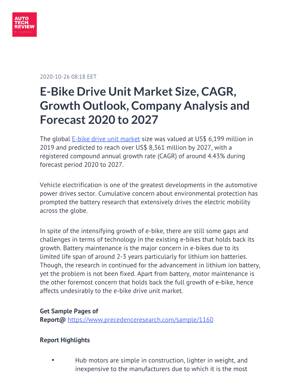 E-Bike Drive Unit Market Size, CAGR, Growth Outlook, Company Analysis and Forecast 2020 to 2027