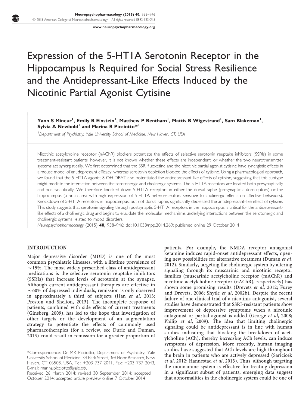 Expression of the 5-HT1A Serotonin Receptor in the Hippocampus Is