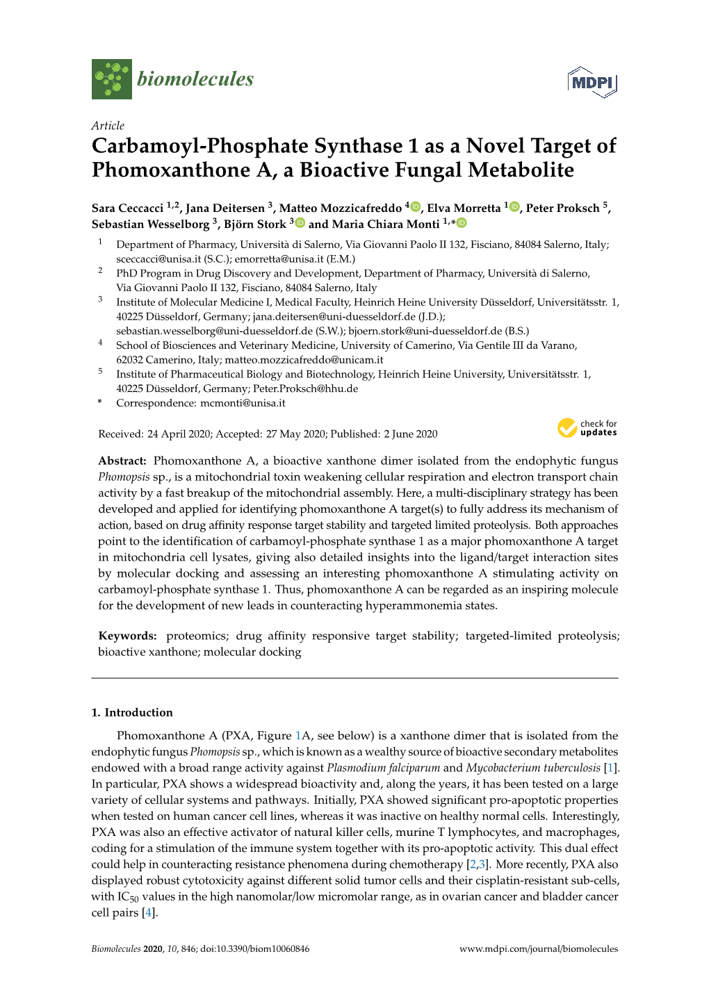 Carbamoyl-Phosphate Synthase 1 As a Novel Target of Phomoxanthone A, a Bioactive Fungal Metabolite