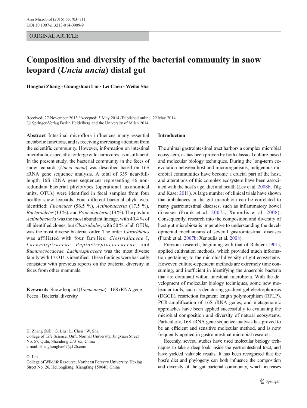 Composition and Diversity of the Bacterial Community in Snow Leopard (Uncia Uncia) Distal Gut